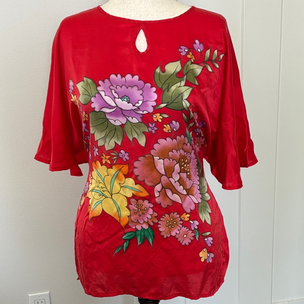 Red Floral Asian Silk Women's Top Size Large